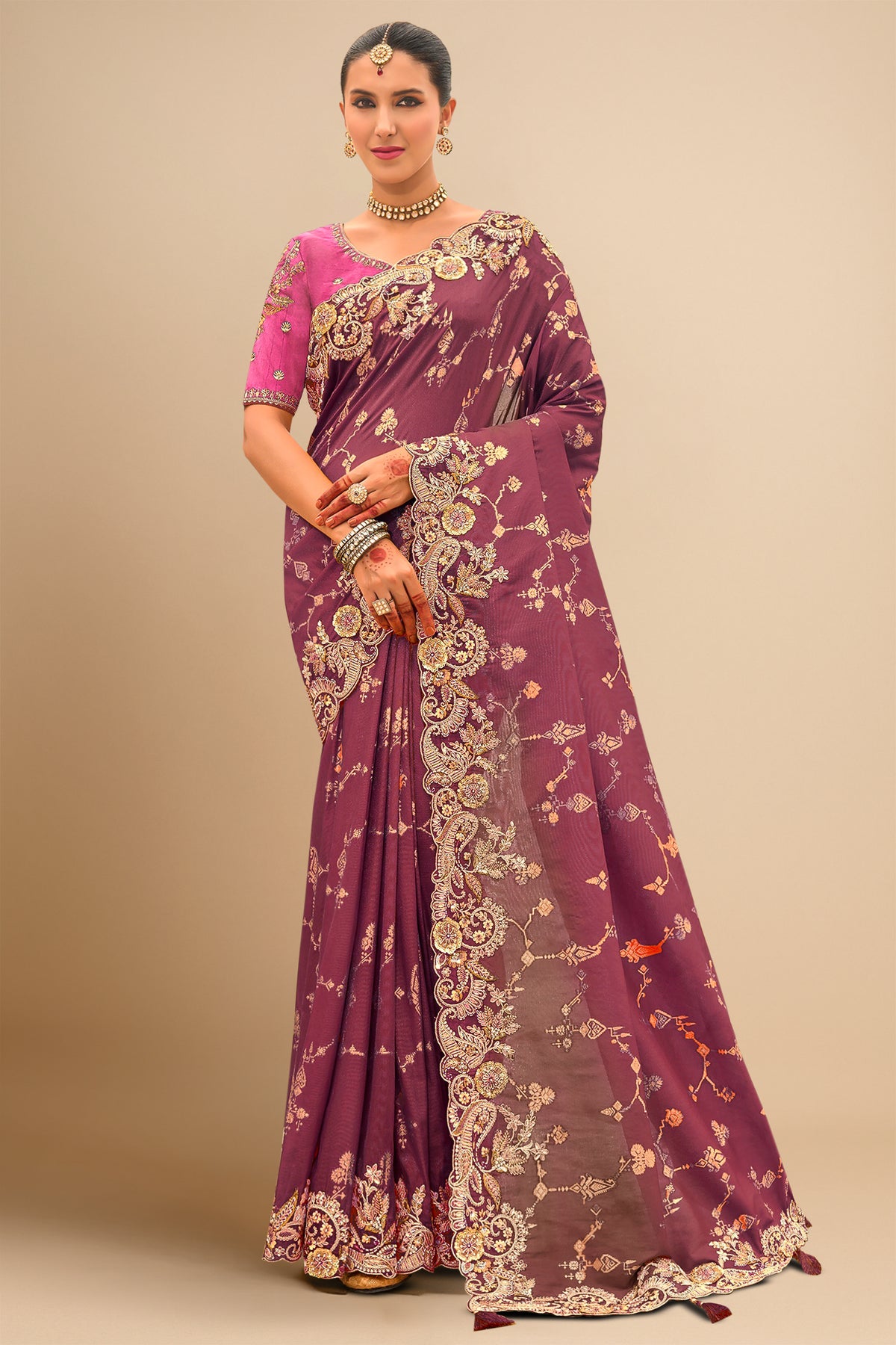 Dark Mauve Silk All Over Woven Saree with Embroidery Work On Border