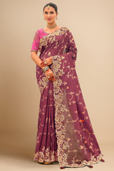 Dark Mauve Silk All Over Woven Saree with Embroidery Work On Border
