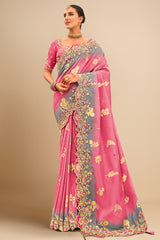 Pink Silk Woven Saree with Sequins and Embroidery Border
