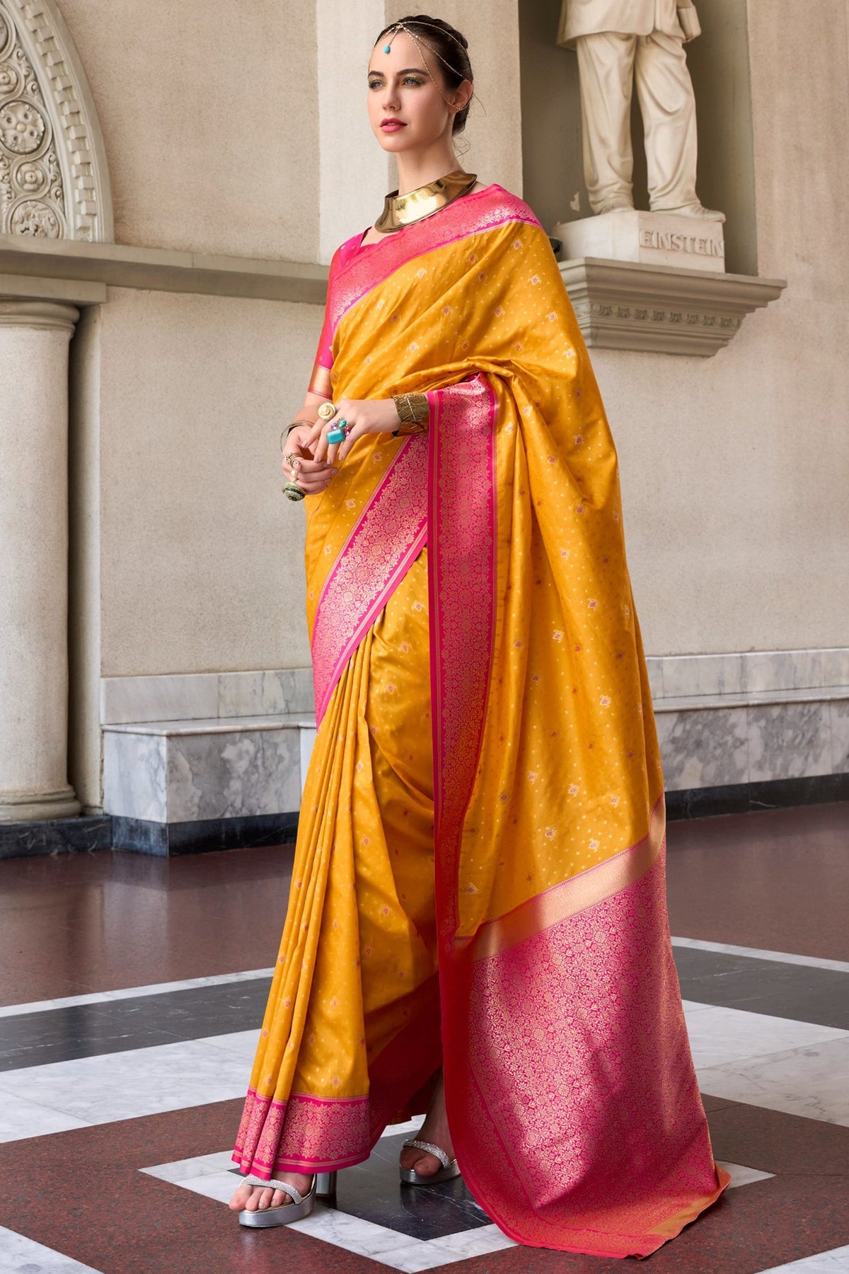 Yellow Semi Silk Woven Saree with Contrast Pallu and Border