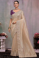 Beige Kanchipuram Semi Silk Woven Butti Saree with Mirror Embroidered Border