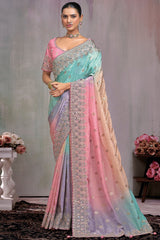 Multi Colored Kanchipuram Semi Silk Woven Butti Saree with Mirror Embroidered Border
