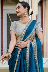 Rama Blue Satin Velvet Lustre Plain Saree with Sequin and Cutdana Work