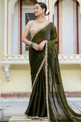 Olive Green Satin Velvet Lustre Plain Saree with Sequin and Cutdana Work