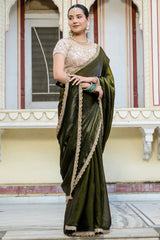 Olive Green Satin Velvet Lustre Plain Saree with Sequin and Cutdana Work