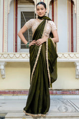 Olive Green Satin Velvet Lustre Plain Saree with Sequin and Cutdana Work