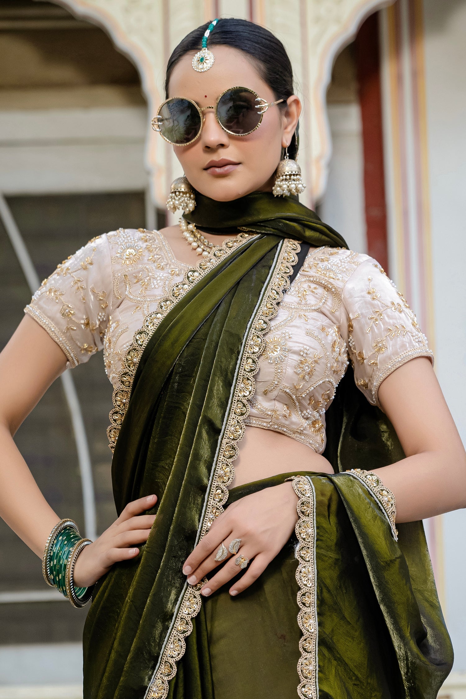 Olive Green Satin Velvet Lustre Plain Saree with Sequin and Cutdana Work