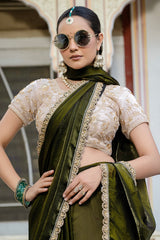 Olive Green Satin Velvet Lustre Plain Saree with Sequin and Cutdana Work