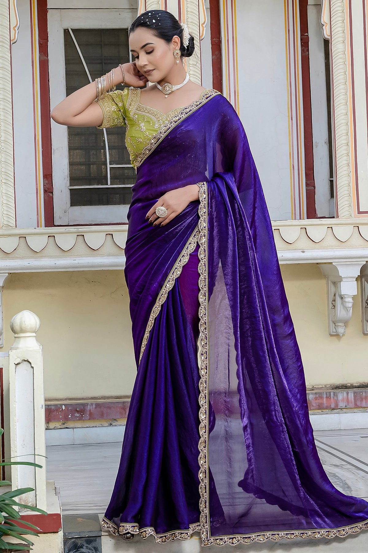 Indigo Purple Satin Velvet Lustre Plain Saree with Sequin and Cutdana