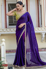 Indigo Purple Satin Velvet Lustre Plain Saree with Sequin and Cutdana