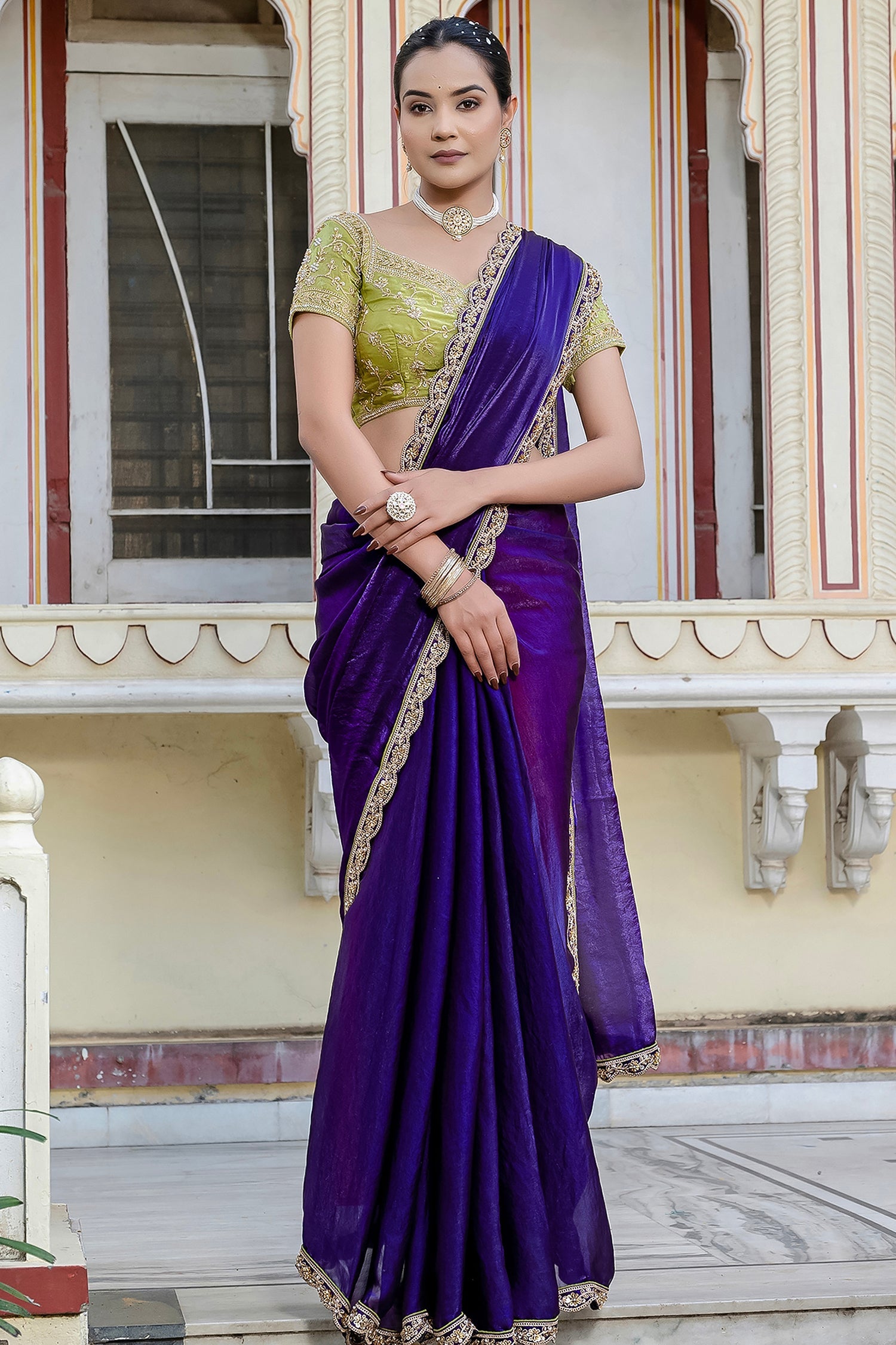 Indigo Purple Satin Velvet Lustre Plain Saree with Sequin and Cutdana