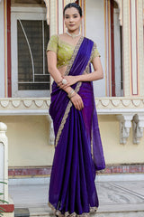 Indigo Purple Satin Velvet Lustre Plain Saree with Sequin and Cutdana