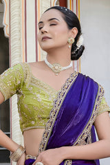 Indigo Purple Satin Velvet Lustre Plain Saree with Sequin and Cutdana
