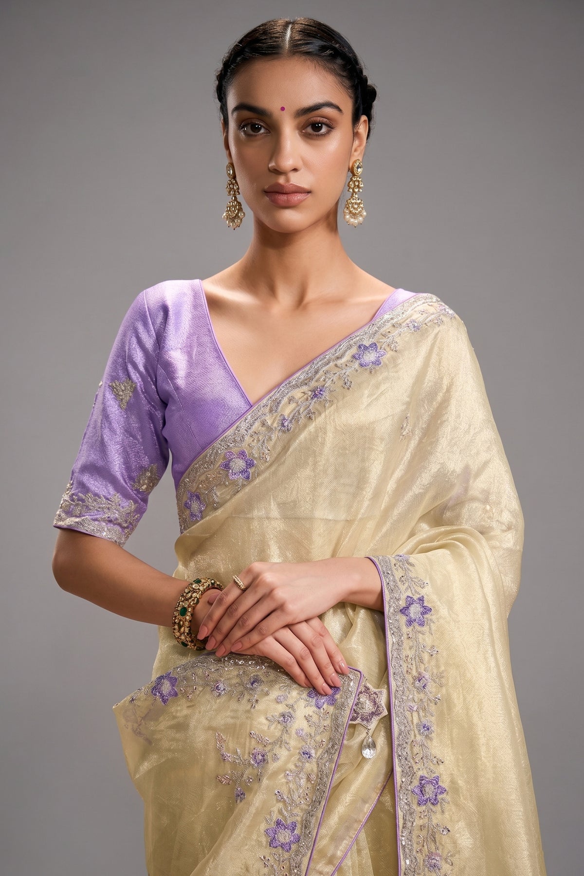 Light Yellow Tissue Organza Saree with Sequin and Embroidery Work - yellow organza saree embroidery