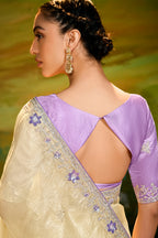 Light Yellow Tissue Organza Saree with Sequin and Embroidery Work - yellow organza saree embroidery