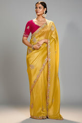 Yellow Glass Tissue Saree with Sequin Beaded Bird Motif Butta