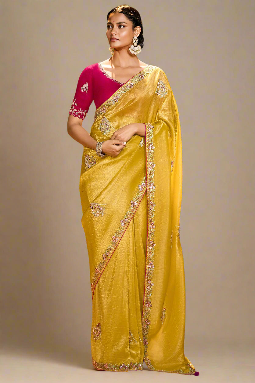 Yellow Glass Tissue Saree with Sequin Beaded Bird Motif Butta