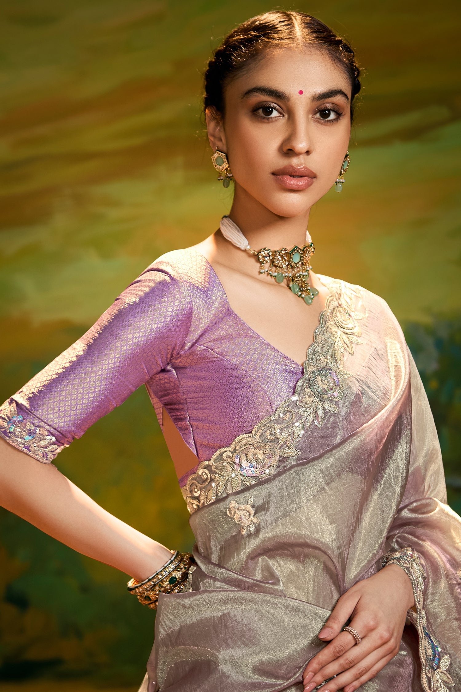 Grey Glass Tissue Saree with Floral Sequin Work