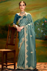 Cadet Blue Tissue Organza Silk Saree with Sequin Embroidery Work