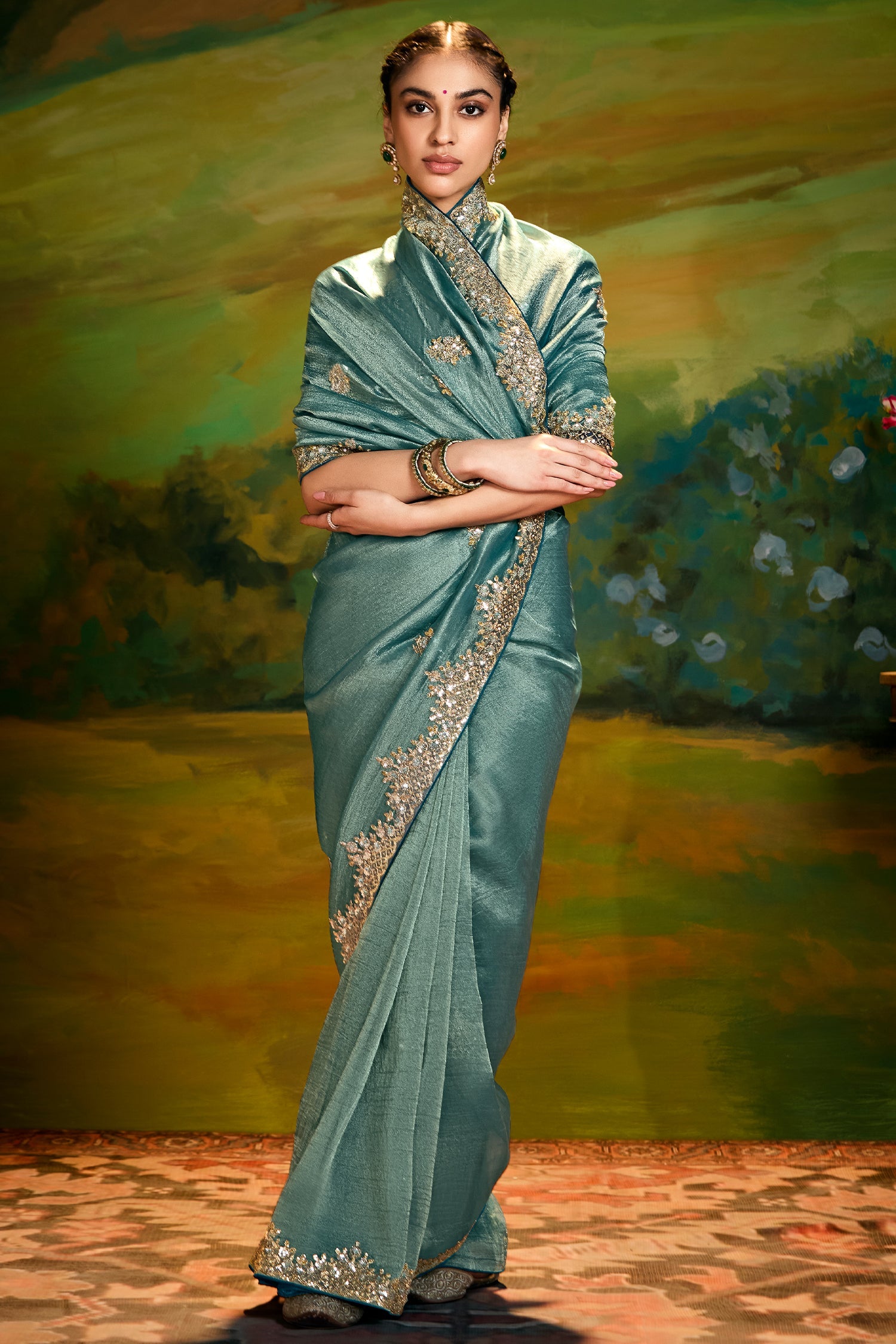 Cadet Blue Tissue Organza Silk Saree with Sequin Embroidery Work