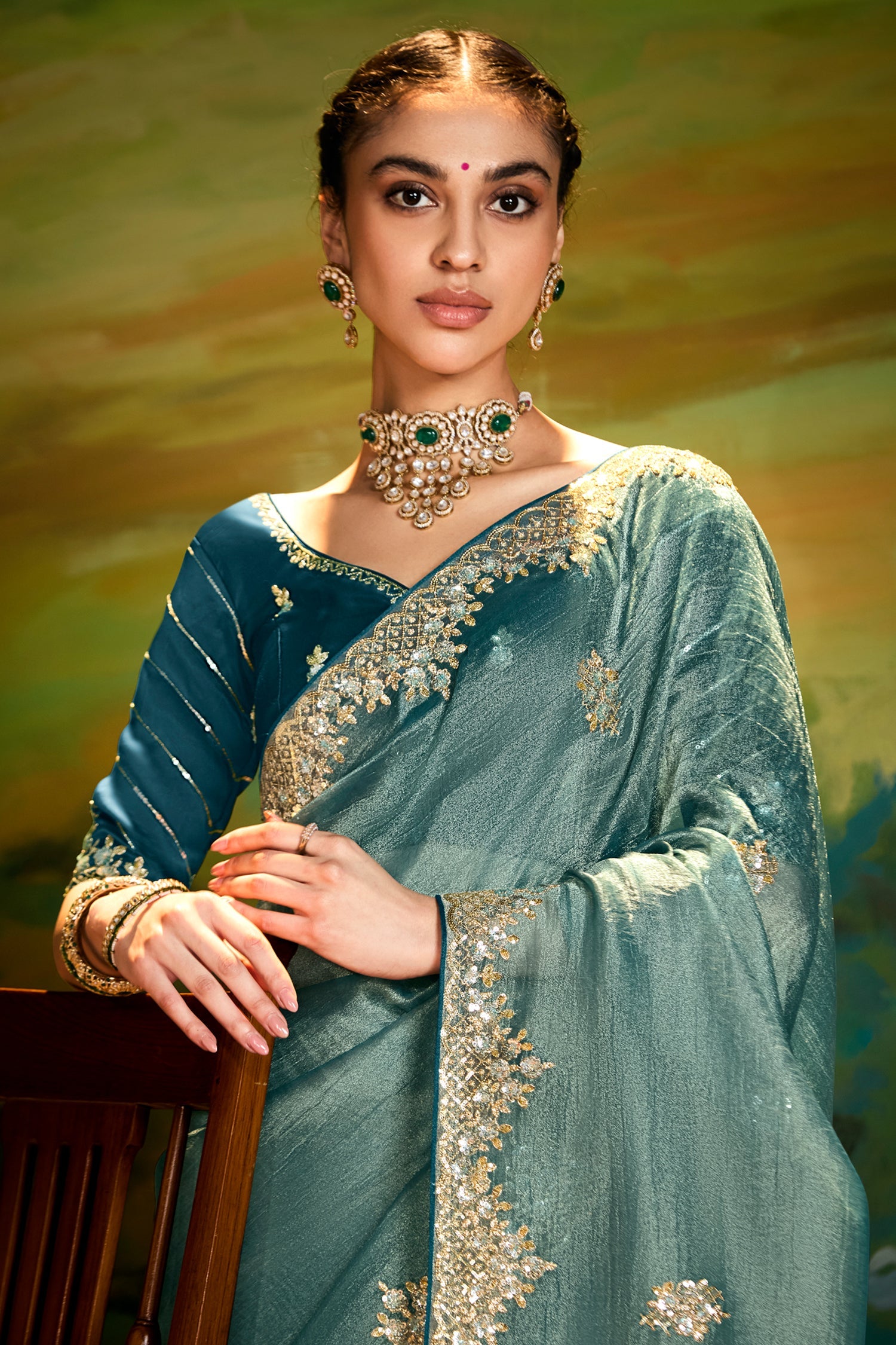 Cadet Blue Tissue Organza Silk Saree with Sequin Embroidery Work