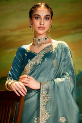 Cadet Blue Tissue Organza Silk Saree with Sequin Embroidery Work