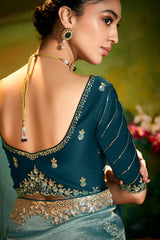 Cadet Blue Tissue Organza Silk Saree with Sequin Embroidery Work