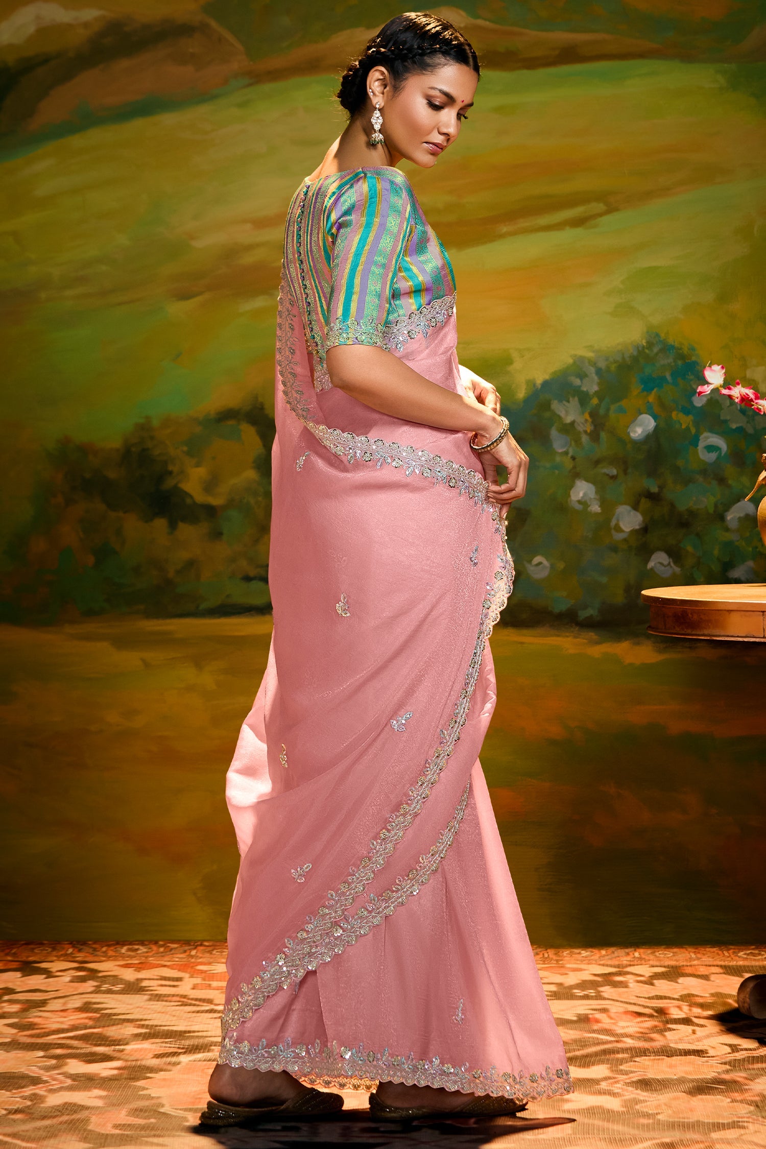 Light Pink Glass Tissue Sequin Embroidered Saree
