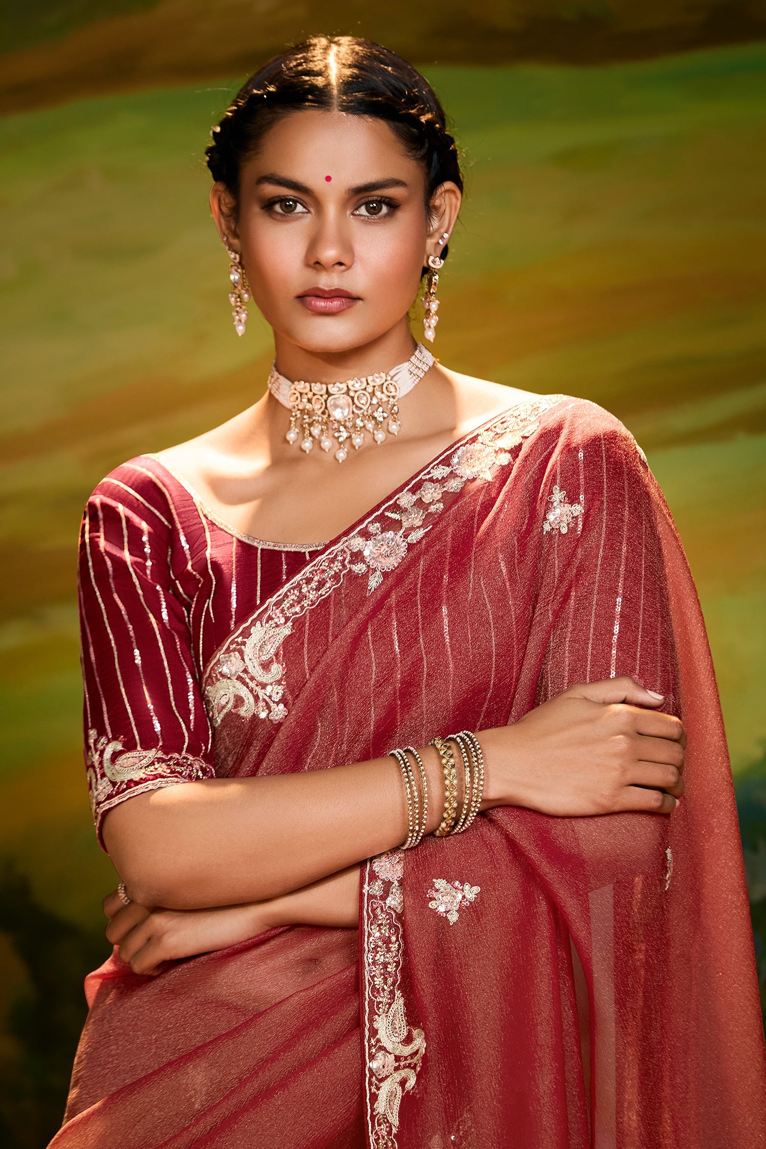 Carmine Maroon Crush Tissue Saree with Sequin Embroidery Work