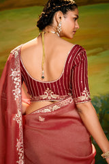 Carmine Maroon Crush Tissue Saree with Sequin Embroidery Work