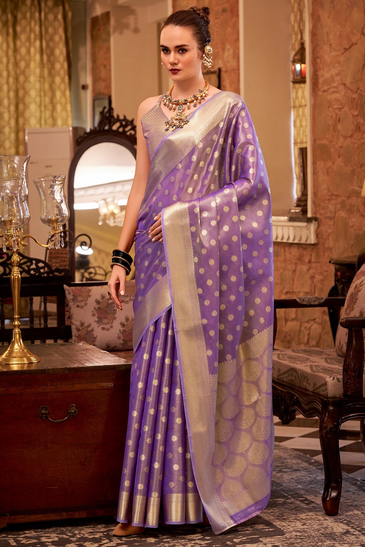 Purple Handloom Zari Tissue Woven Saree