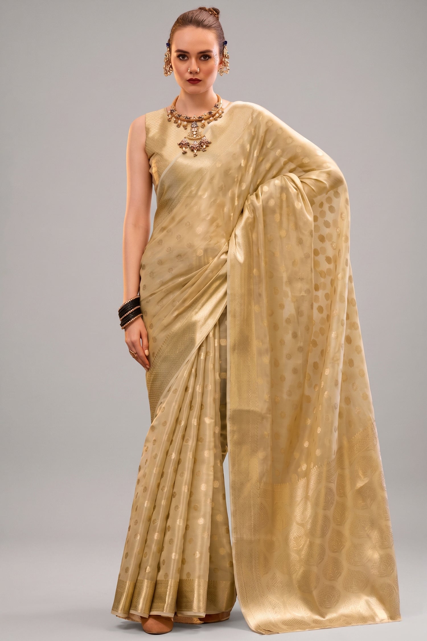 Golden Handloom Zari Tissue Woven Saree - gold saree handloom