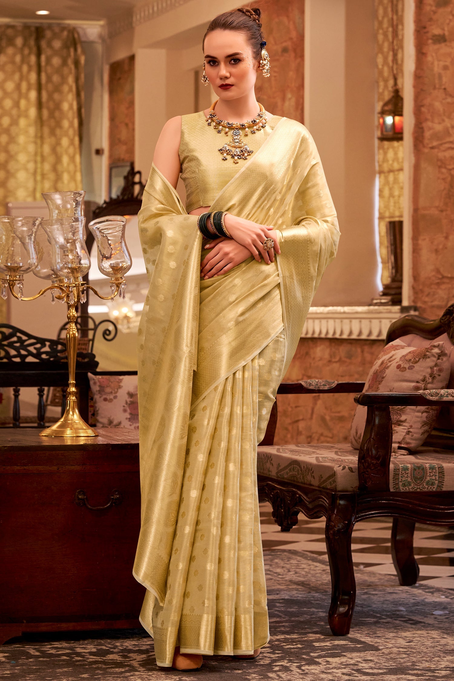 Golden Handloom Zari Tissue Woven Saree - gold saree handloom