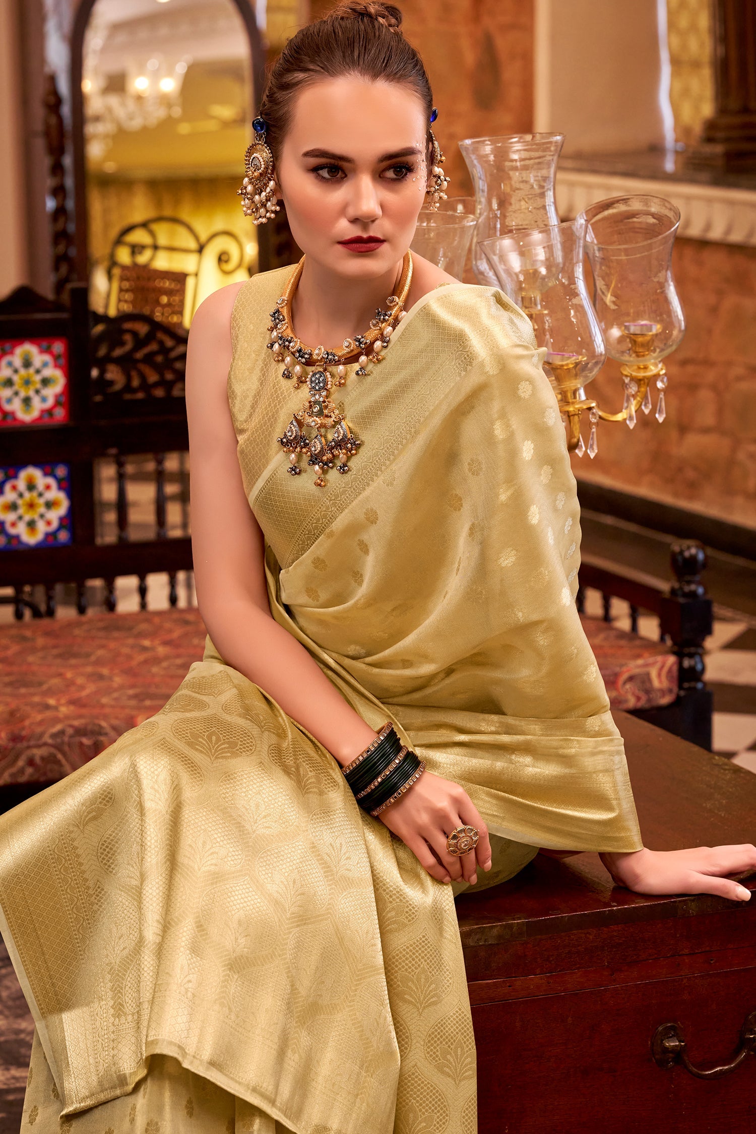Golden Handloom Zari Tissue Woven Saree - gold saree handloom