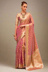 Pink Handloom Zari Tissue Woven Saree
