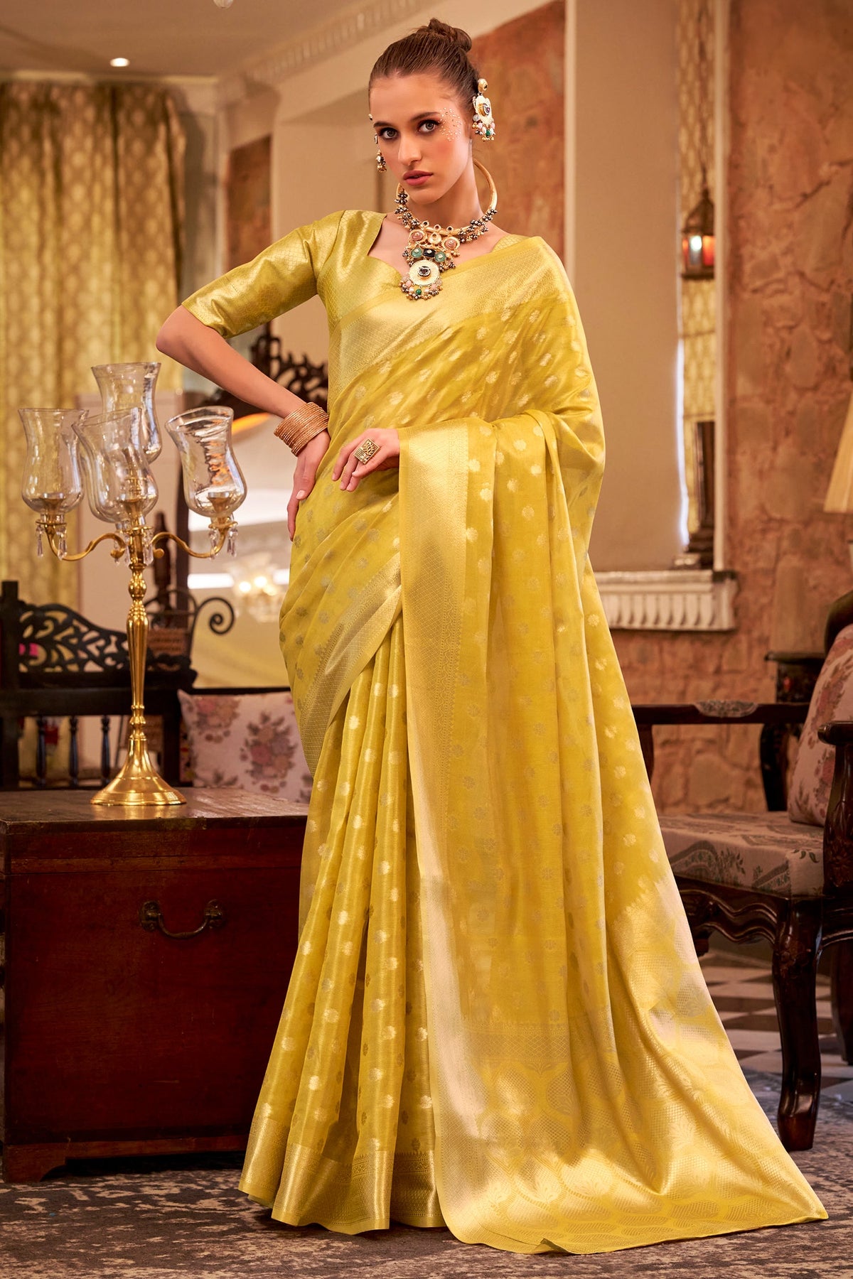 Yellow Handloom Zari Tissue Woven Saree