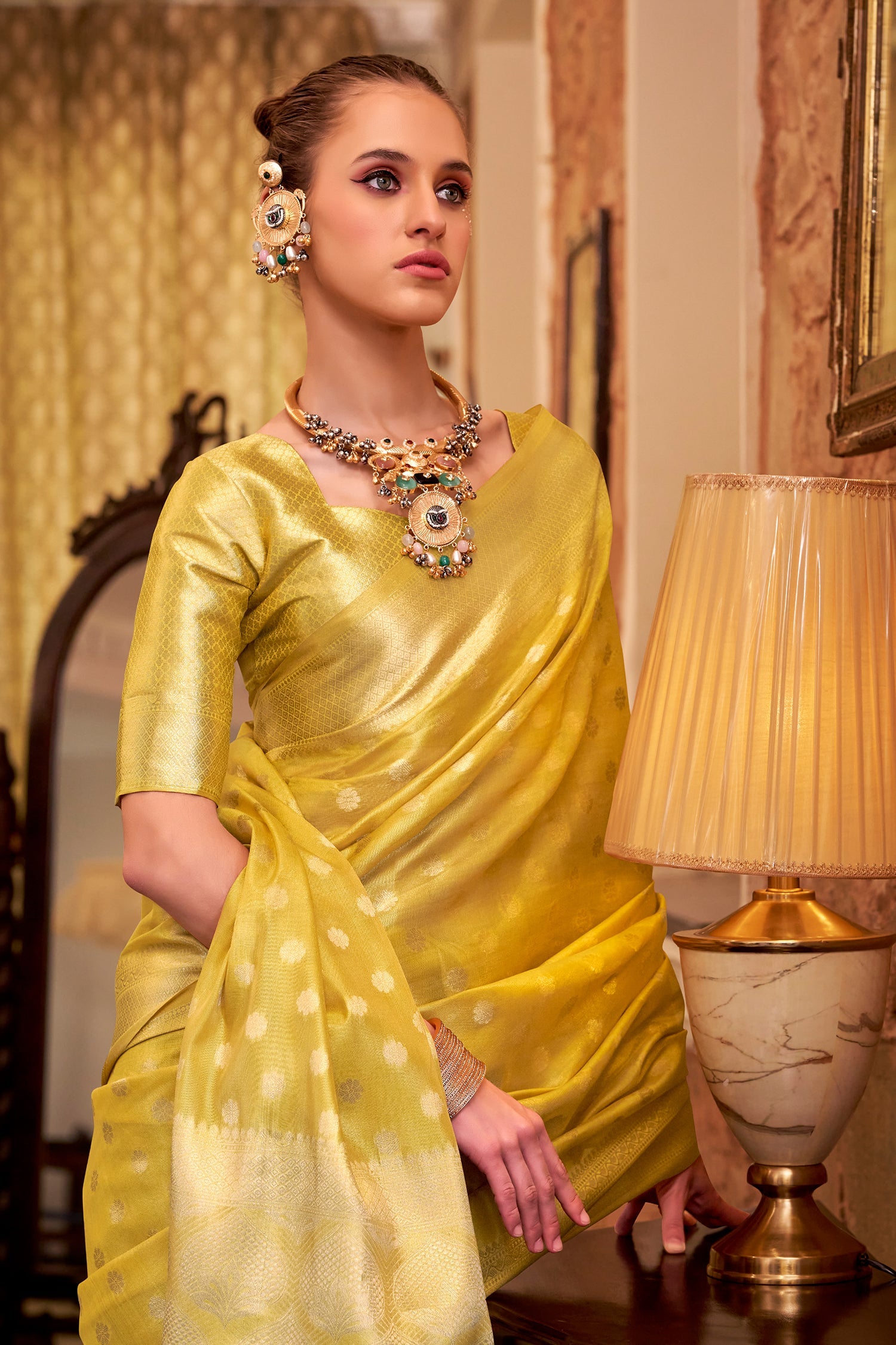Yellow Handloom Zari Tissue Woven Saree