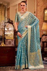 Rama Blue Handloom Zari Tissue Woven Saree