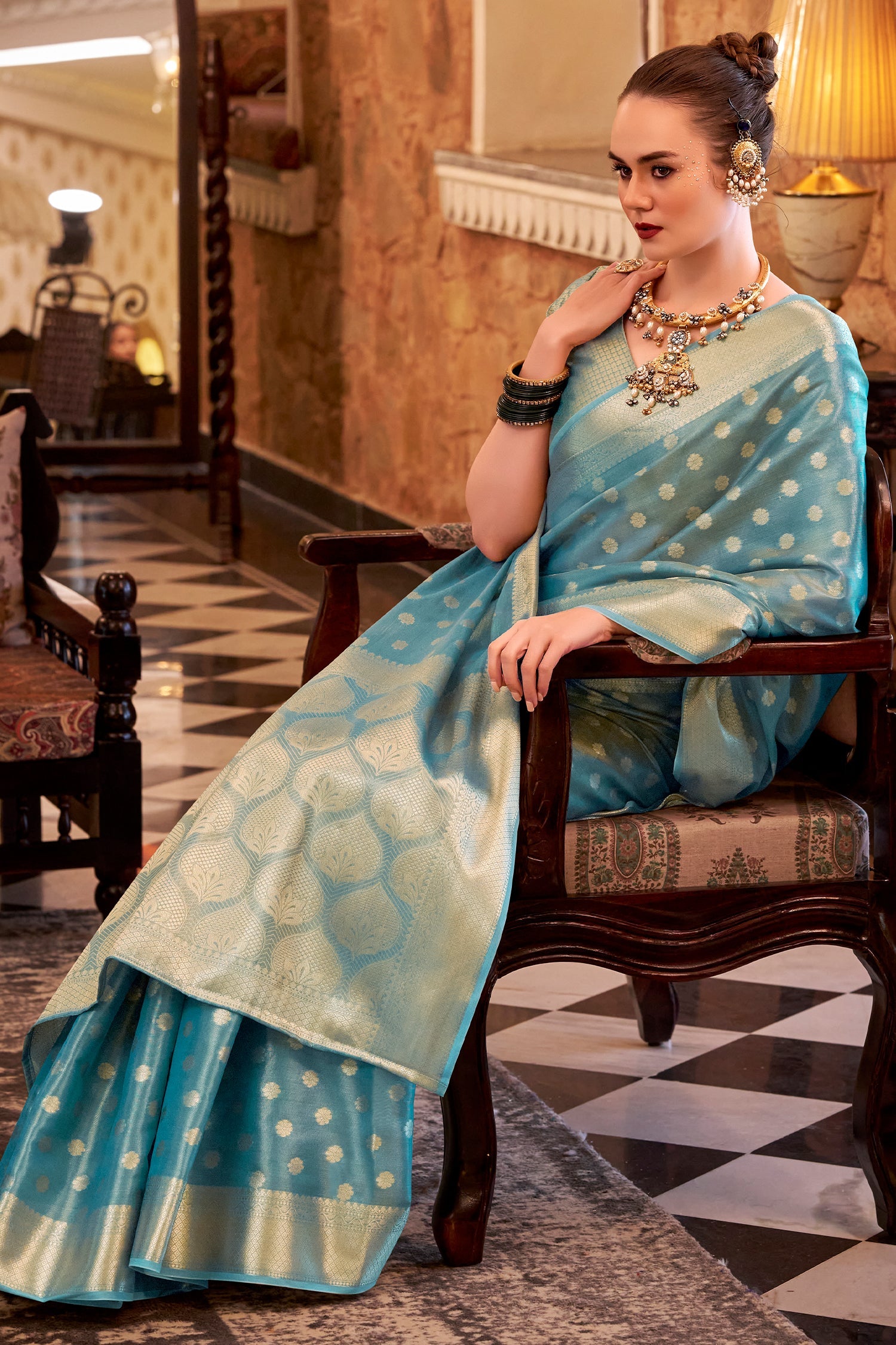 Rama Blue Handloom Zari Tissue Woven Saree