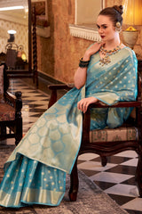 Rama Blue Handloom Zari Tissue Woven Saree