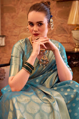 Rama Blue Handloom Zari Tissue Woven Saree