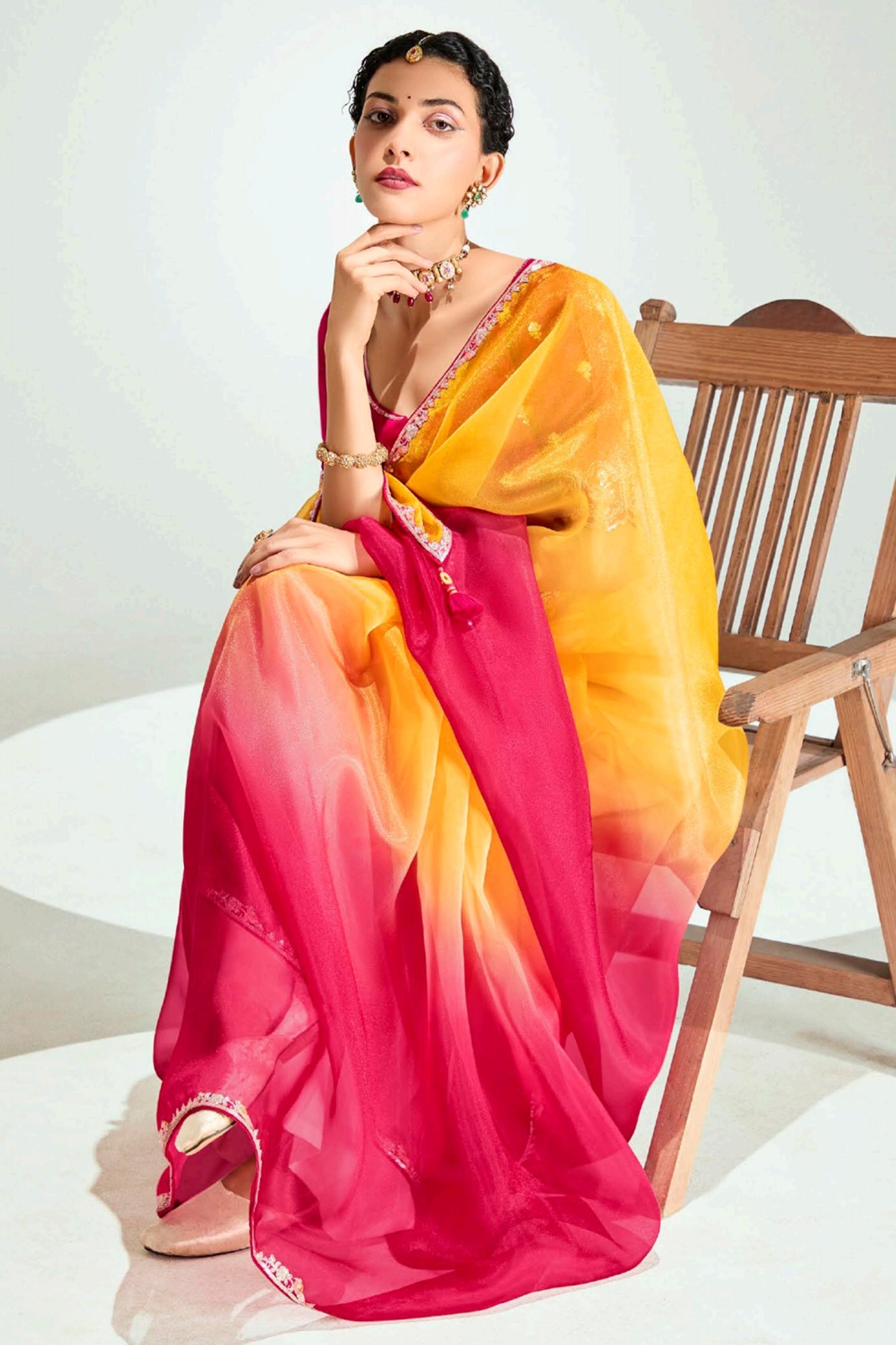 Orange and Pink Organza Plain Saree with Sequin Work - orange organza saree