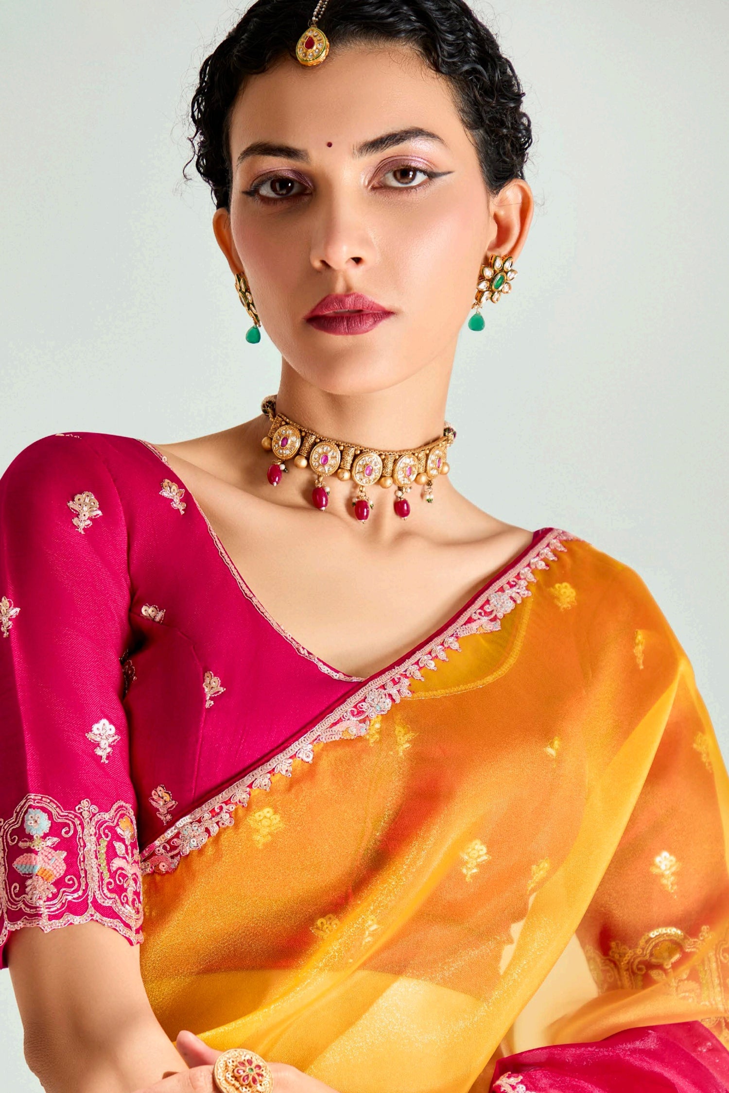 Orange and Pink Organza Plain Saree with Sequin Work - orange organza saree