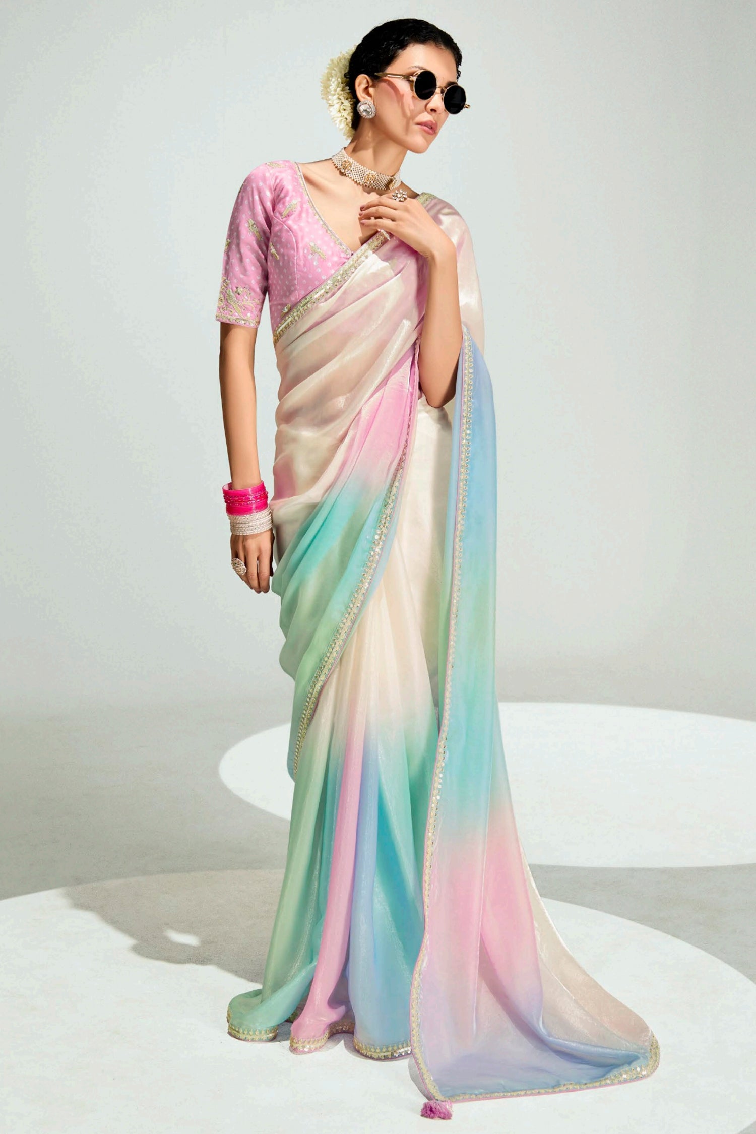 Multi Colored Organza Plain Saree with Sequin Embroidered Lace