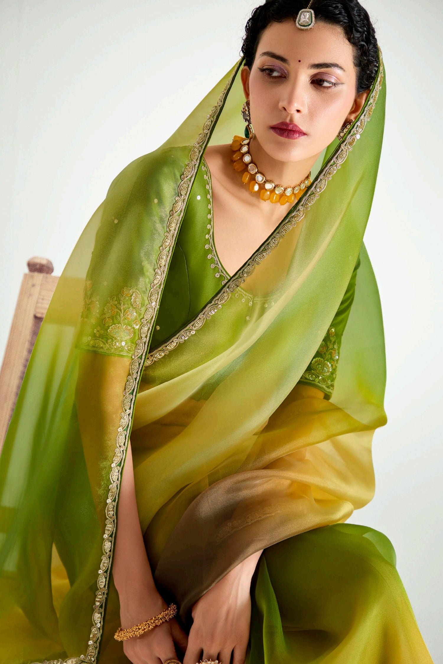 Olive Green and Multi Color Organza Tissue Plain Sequinned Border Saree