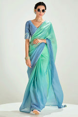 Light Green and Blue Organza Plain Saree with Sequin Embroidered Lace