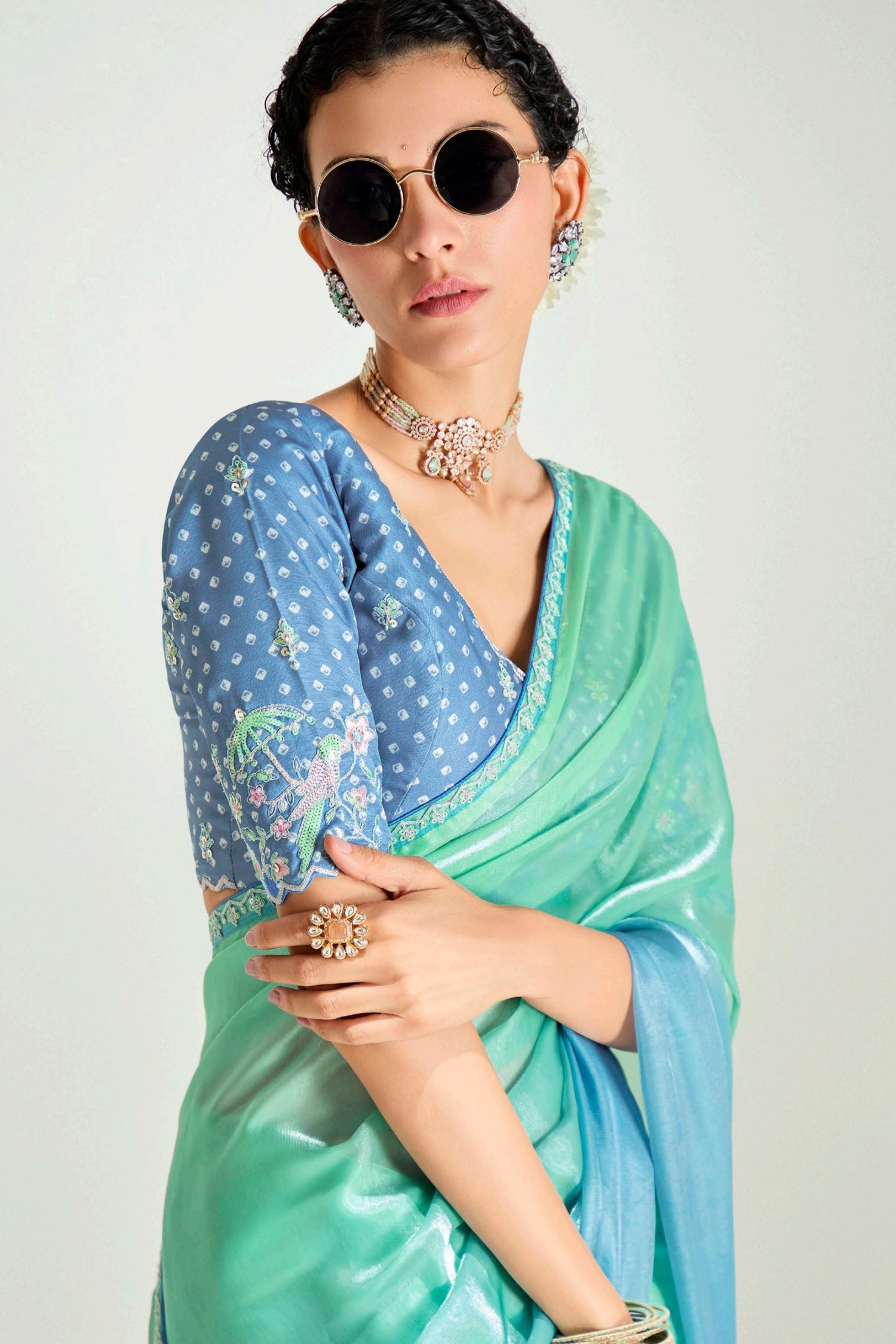 Light Green and Blue Organza Plain Saree with Sequin Embroidered Lace