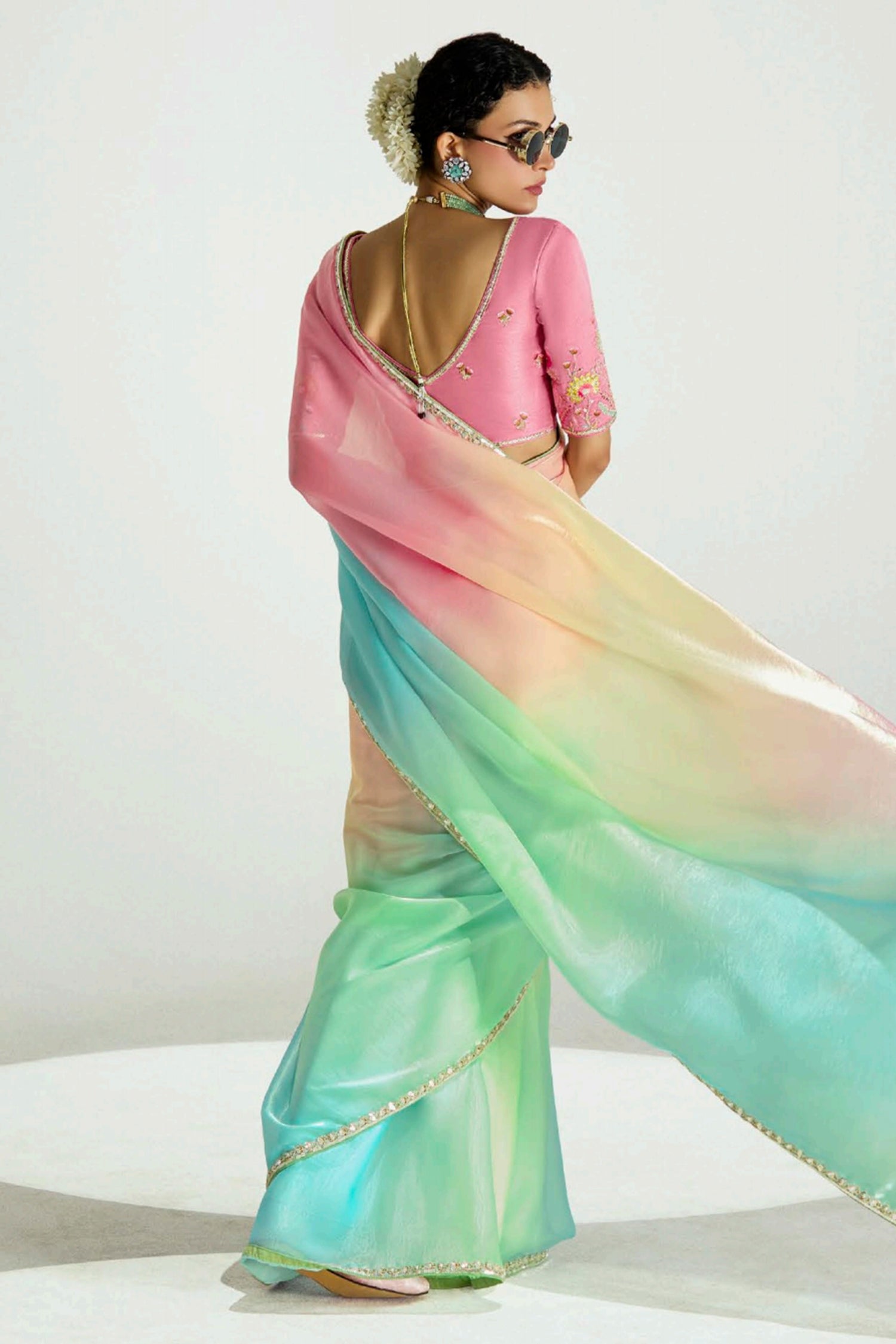 Multi Colored Organza Tissue Plain Saree with Lace Work
