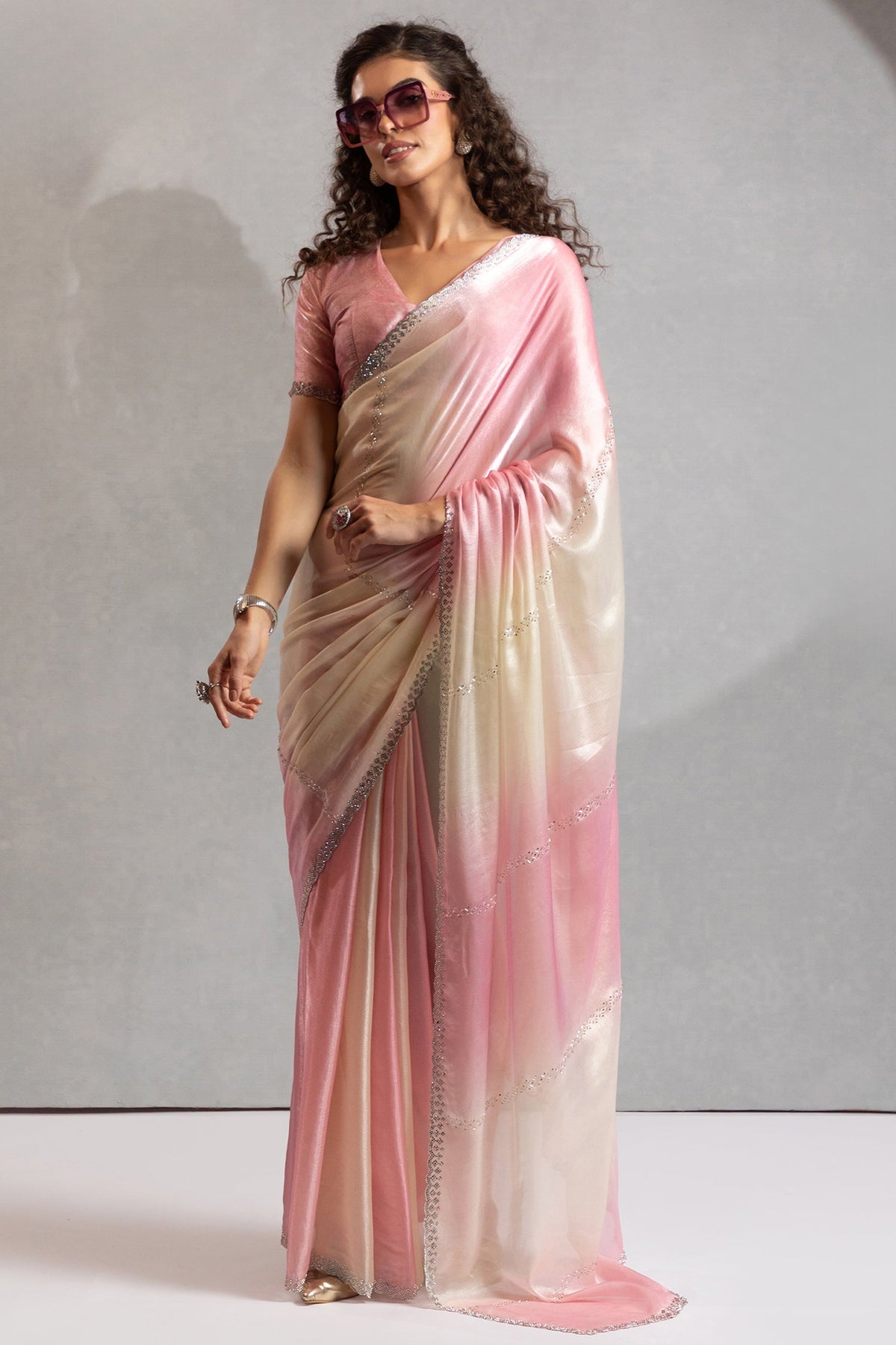 Pink and Cream Satin Silk Saree with Swarovski Work