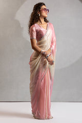 Pink and Cream Satin Silk Saree with Swarovski Work